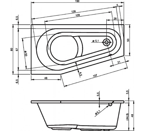 Акриловая ванна Riho Delta 150x80 B066001005 (BB8000500000000) R без гидромассажа