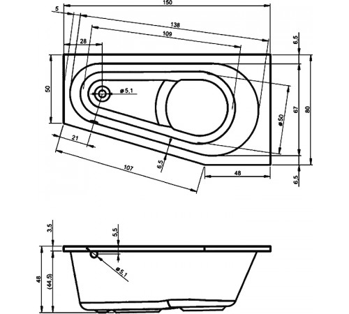 Акриловая ванна Riho Delta 150x80 B067001005 (BB8100500000000) L без гидромассажа