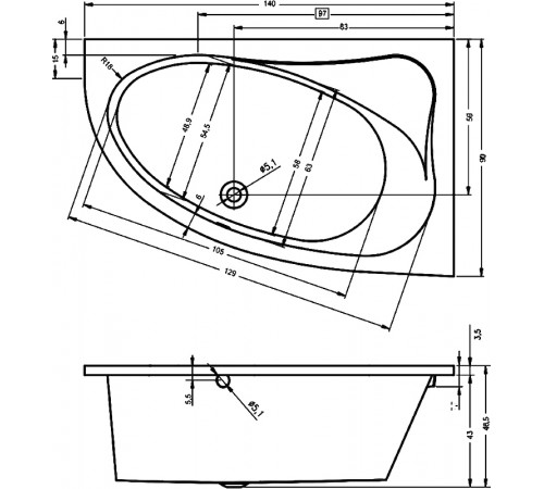 Акриловая ванна Riho Lyra 140x90 B020001005 (BA6600500000000) L без гидромассажа