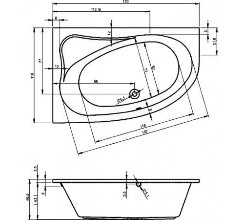 Акриловая ванна Riho Lyra 170x110 B017001005 (BA6300500000000) R без гидромассажа