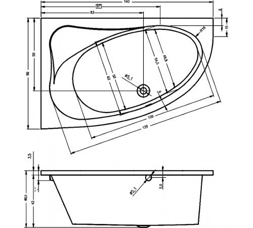 Акриловая ванна Riho Lyra 140x90 B019001005 (BA6500500000000) R без гидромассажа