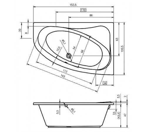 Акриловая ванна Riho Lyra 153x100 B022001005 (BA6800500000000) L без гидромассажа