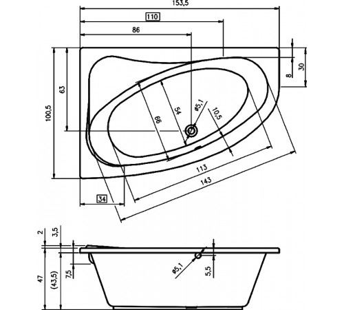 Акриловая ванна Riho Lyra 153x100 B021001005 (BA6700500000000) R без гидромассажа