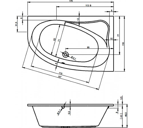 Акриловая ванна Riho Lyra 170x110 B018001005 (BA6400500000000) L без гидромассажа