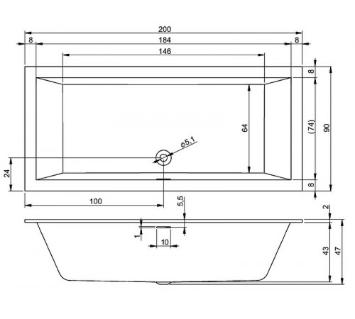 Акриловая ванна Riho Rething Cubic 200х90 B110001005 (BR1200500000000) без гидромассажа