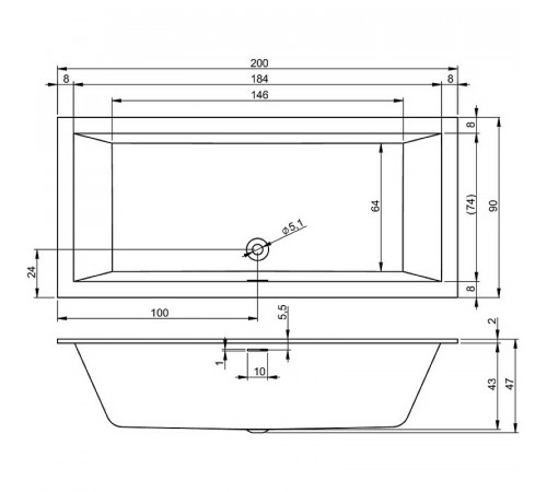 Акриловая ванна Riho Rething Cubic Fall 200х90 B110013005 без гидромассажа