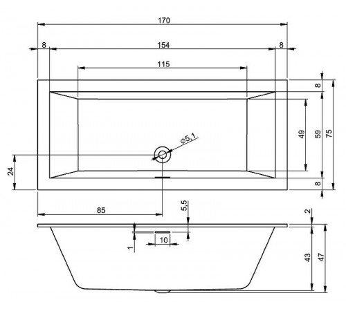 Акриловая ванна Riho Rething Cubic 170х75 B105001005 (BR0700500000000) без гидромассажа