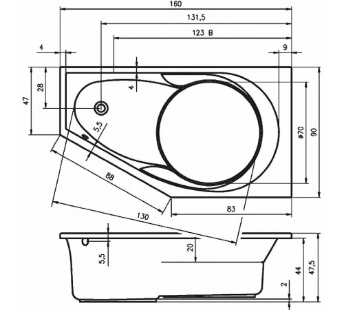 Акриловая ванна Riho Yukon 160x90 B009001005 (BA3500500000000) L без гидромассажа