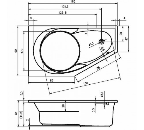 Акриловая ванна Riho Yukon 160x90 B008001005 (BA3400500000000) R без гидромассажа