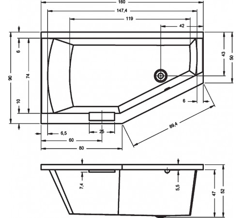 Акриловая ванна Riho Geta 160x90 B029001005 (BA8600500000000) R без гидромассажа