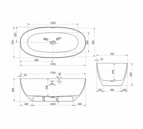 Ванна из искусственного камня Vincea 170x75 VBT-6S01MG Серая Белая матовая без гидромассажа