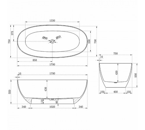 Ванна из полиэфирной смолы Vincea 170х75 VBT-6T01B Черная без гидромассажа