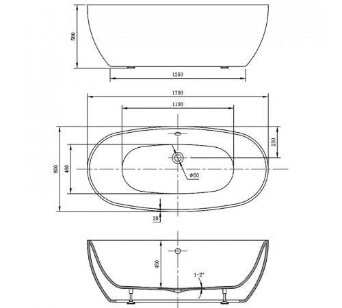 Акриловая ванна Vincea 170x80 VBT-405-1700MW без гидромассажа