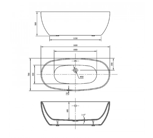 Акриловая ванна Vincea 160x78 VBT-405-1600 без гидромассажа