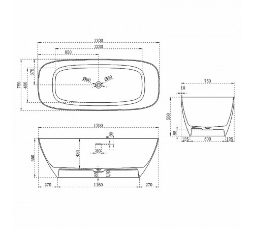 Ванна из искусственного камня Vincea 170x75 VBT-6S02MW Белая матовая без гидромассажа