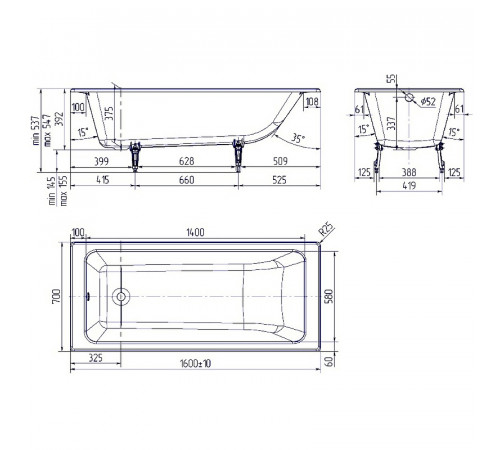 Чугунная ванна Creto Strong 160x70 25-1160 без антискользящего покрытия