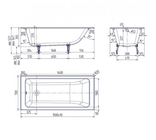 Чугунная ванна Creto Strong 150x70 25-1150 без антискользящего покрытия