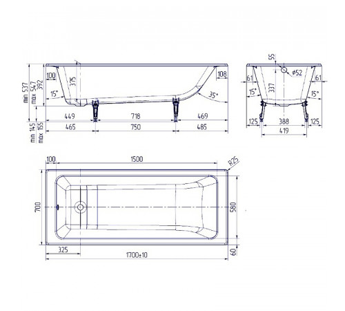 Чугунная ванна Creto Strong 170x70 25-1170 без антискользящего покрытия