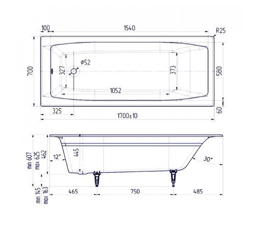 Чугунная ванна Creto Edge 170x70 26-1170 без антискользящего покрытия