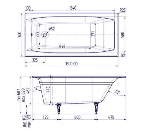 Чугунная ванна Creto Edge 150x70 26-1150 без антискользящего покрытия