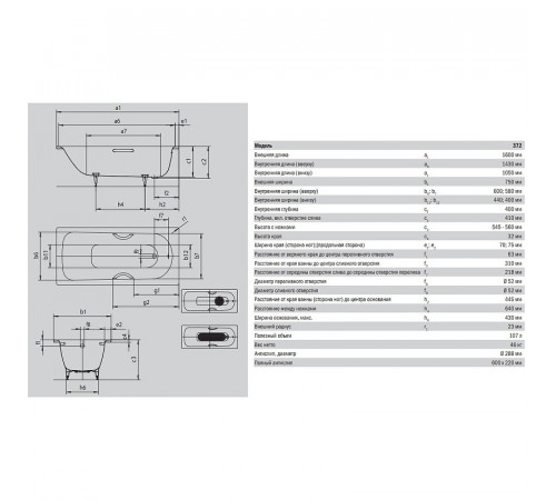 Стальная ванна Kaldewei Saniform Plus 372-1 160x75 112500013001 с покрытием Easy-clean