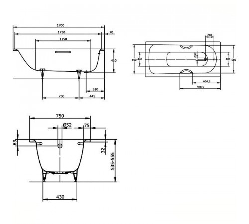 Стальная ванна Kaldewei Saniform Plus Star 336 170х75 133600013001 с покрытием Easy-clean с отверстиями под ручки