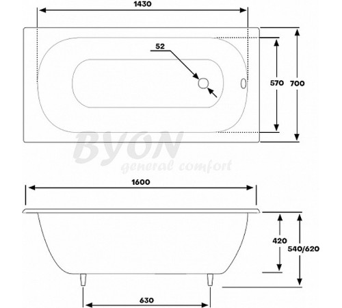 Чугунная ванна Byon B13 160x70 V0000219 с антискользящим покрытием