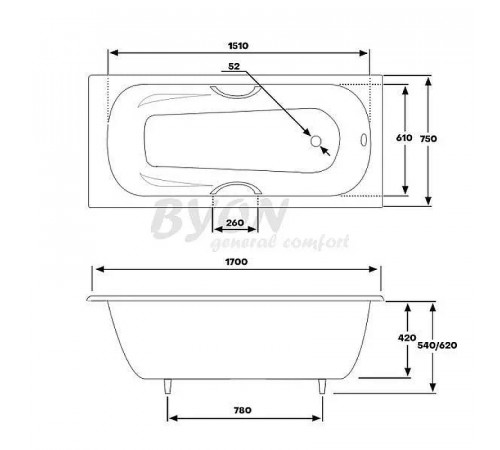 Чугунная ванна Byon B15 170x75 V0000221 с ручками с антискользящим покрытием