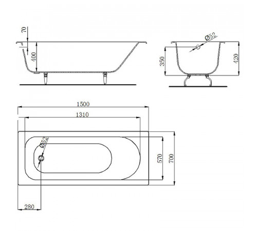 Чугунная ванна Byon B13 150x70 V0000223 с антискользящим покрытием