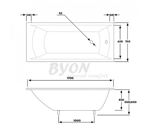 Чугунная ванна Byon Milan 170x75 V0000083 с антискользящим покрытием