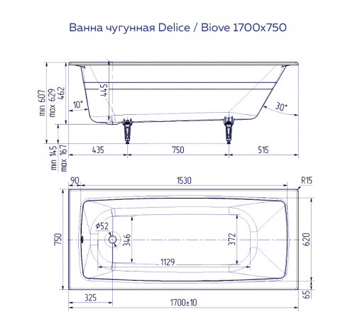 Чугунная ванна Delice Biove 170x75 DLR220509R с ручками без антискользящего покрытия