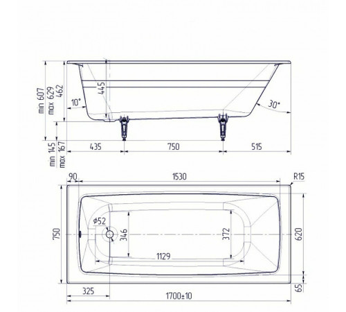 Чугунная ванна Delice Biove 170x75 DLR220509R-AS с ручками с антискользящим покрытием