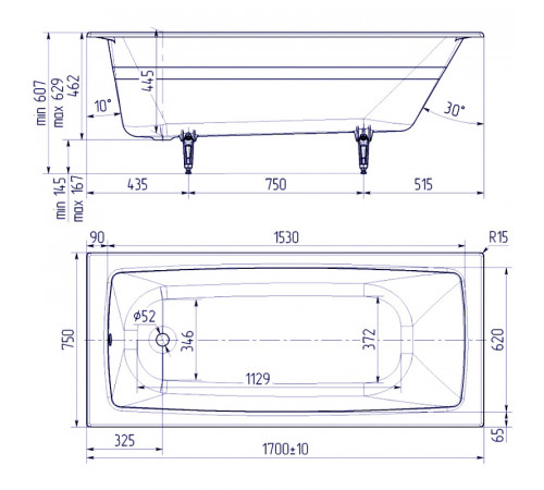 Чугунная ванна Delice Biove 170x75 DLR220509RB с черными матовыми ручками без антискользящего покрытия