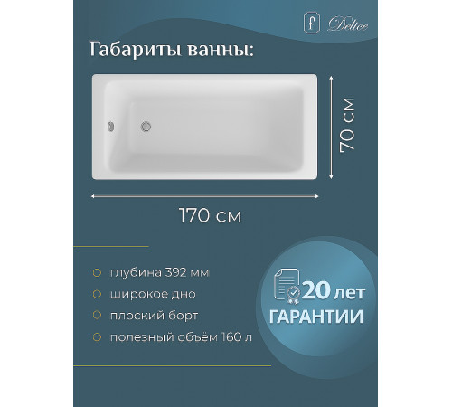 Чугунная ванна Delice Parallel 170x70 DLR220505R с ручками без антискользящего покрытия