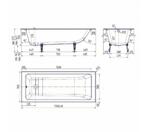 Чугунная ванна Delice Parallel 170x70 DLR220505R-AS с ручками с антискользящим покрытием