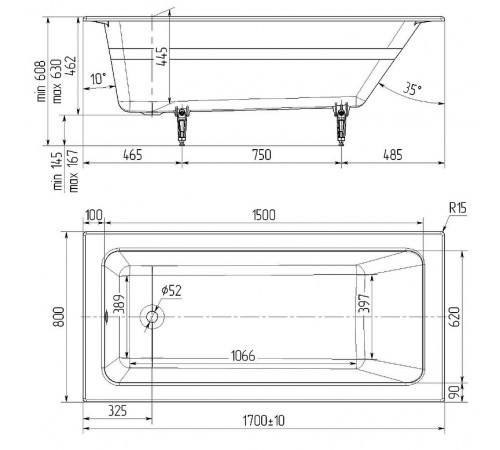 Чугунная ванна Delice Parallel 170x80 DLR220502RB с черными матовыми ручками без антискользящего покрытия