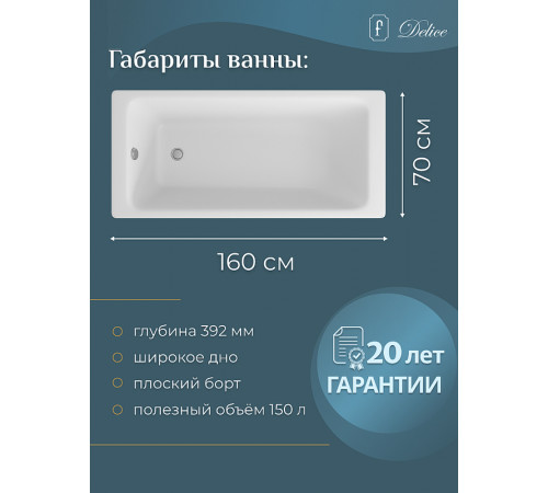 Чугунная ванна Delice Parallel 160x70 DLR220504R-AS с ручками с антискользящим покрытием