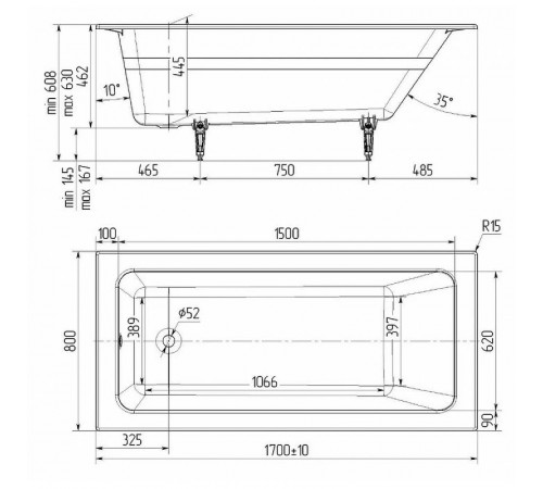 Чугунная ванна Delice Parallel 170x80 DLR220502-AS без отверстий под ручки с антискользящим покрытием