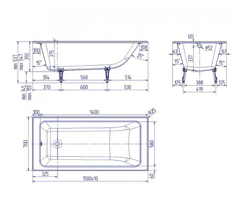 Чугунная ванна Delice Parallel 150x70 DLR220503RB-AS с черными матовыми ручками с антискользящим покрытием