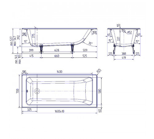 Чугунная ванна Delice Parallel 160x70 DLR220504RB с черными матовыми ручками без антискользящего покрытия