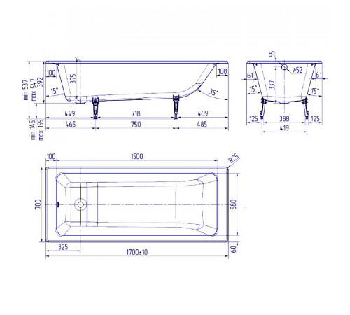 Чугунная ванна Delice Parallel 170x70 DLR220505RB с черными матовыми ручками без антискользящего покрытия