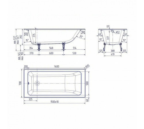 Чугунная ванна Delice Parallel 150x70 DLR220503R-AS с ручками с антискользящим покрытием