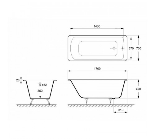 Чугунная ванна Delice Prestige 170x70 DLR230624R с отверстиями под ручки без антискользящего покрытия