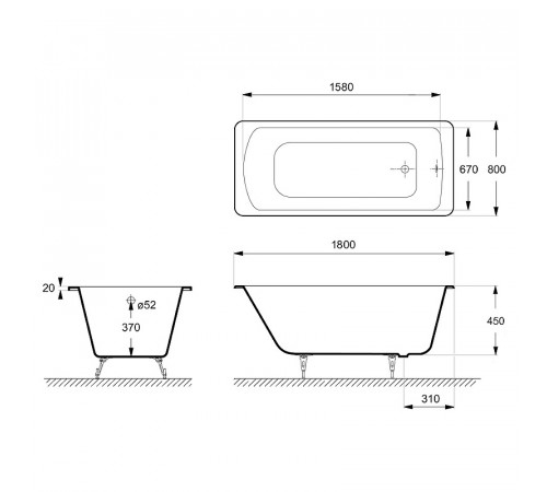 Чугунная ванна Delice Prestige 180x80 DLR230623R-AS с отверстиями под ручки с антискользящим покрытием