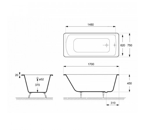 Чугунная ванна Delice Prestige 170x75 DLR230625-AS без отверстий под ручки с антискользящим покрытием