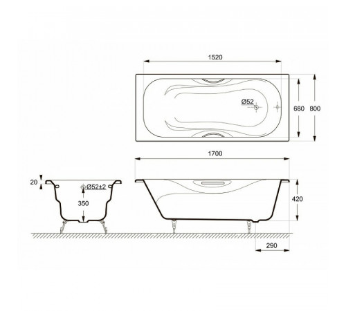 Чугунная ванна Delice Malibu 170x80 DLR230630-AS без отверстий под ручки с антискользящим покрытием