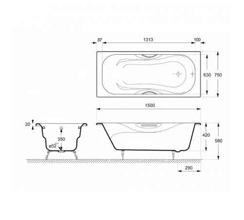 Чугунная ванна Delice Malibu 150x75 DLR230607R-AS с отверстиями под ручки с антискользящим покрытием