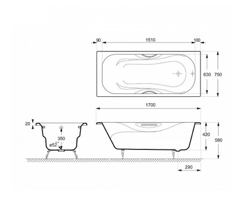 Чугунная ванна Delice Malibu 170x75 DLR230609R-AS с отверстиями под ручки с антискользящим покрытием