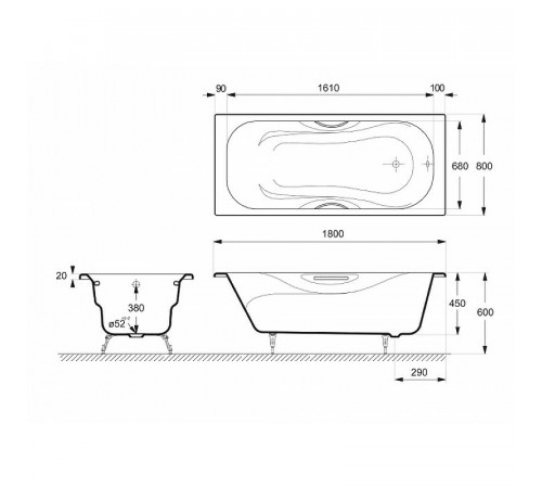 Чугунная ванна Delice Malibu 180x80 DLR230610R-AS с отверстиями под ручки с антискользящим покрытием