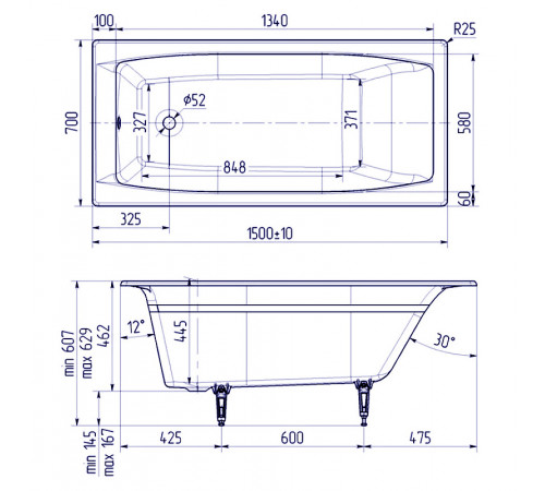 Чугунная ванна Delice Repos 150x70 DLR220507RB с черными матовыми ручками без антискользящего покрытия